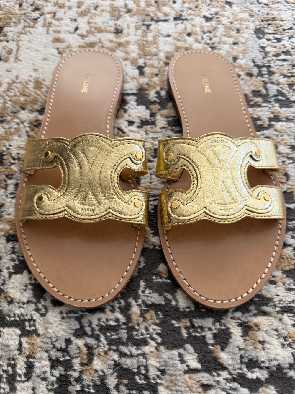 Celine Gold Triomphe Leather Slide Mule Sandals - Women's size 40 EUC